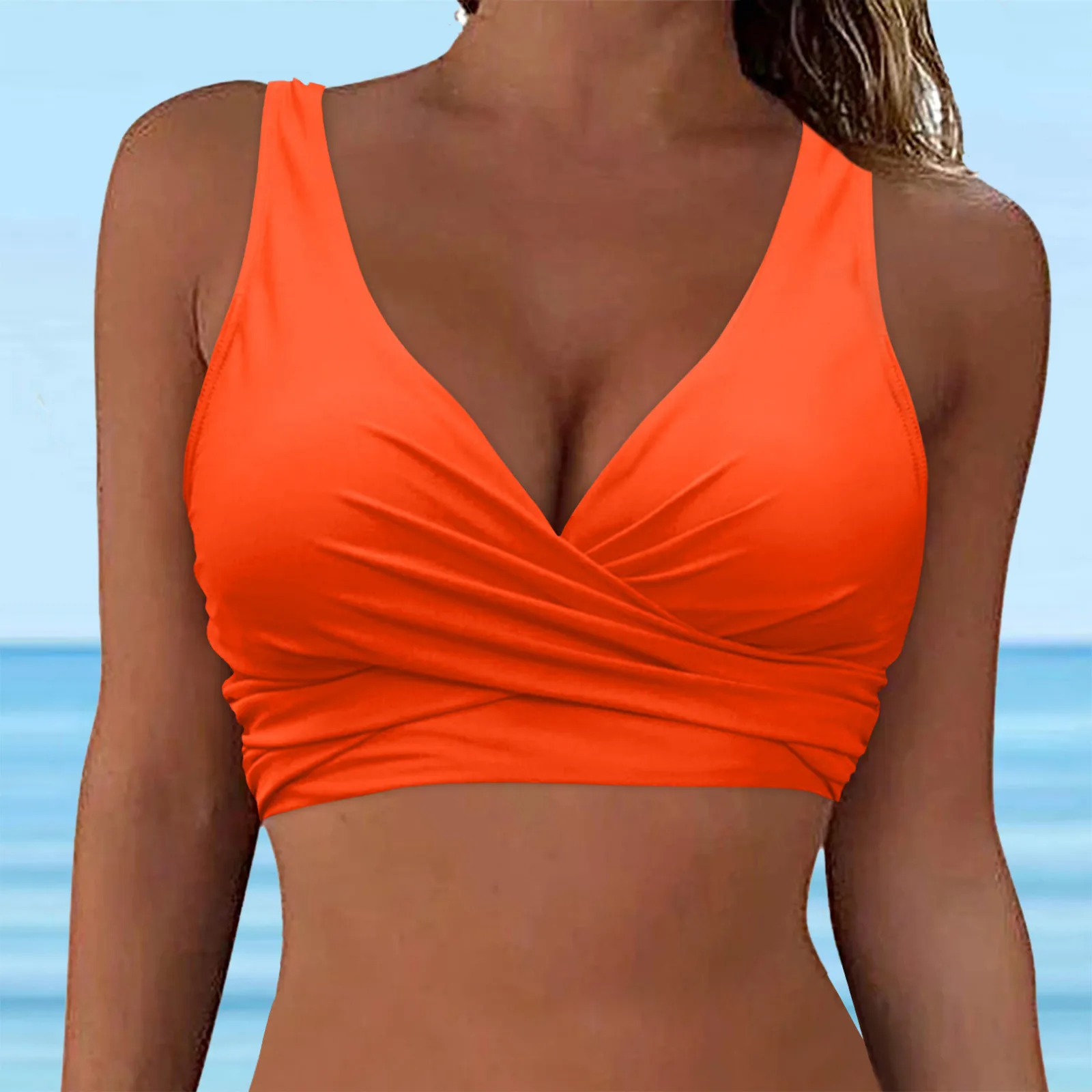 One-Piece Bikinis Tops Solid Color Sport Ruched V Neck Push Up Vest 2024 Women's Sexy Swimwear Halter Lace Up Backless Crop Top