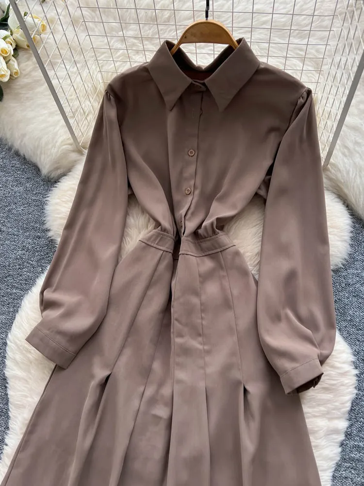 Casual Long Sve Women's Dr Tie Waist Gored Skirt Design Autumn New Sle Light Maturi Faion Single Piece Ci Commute