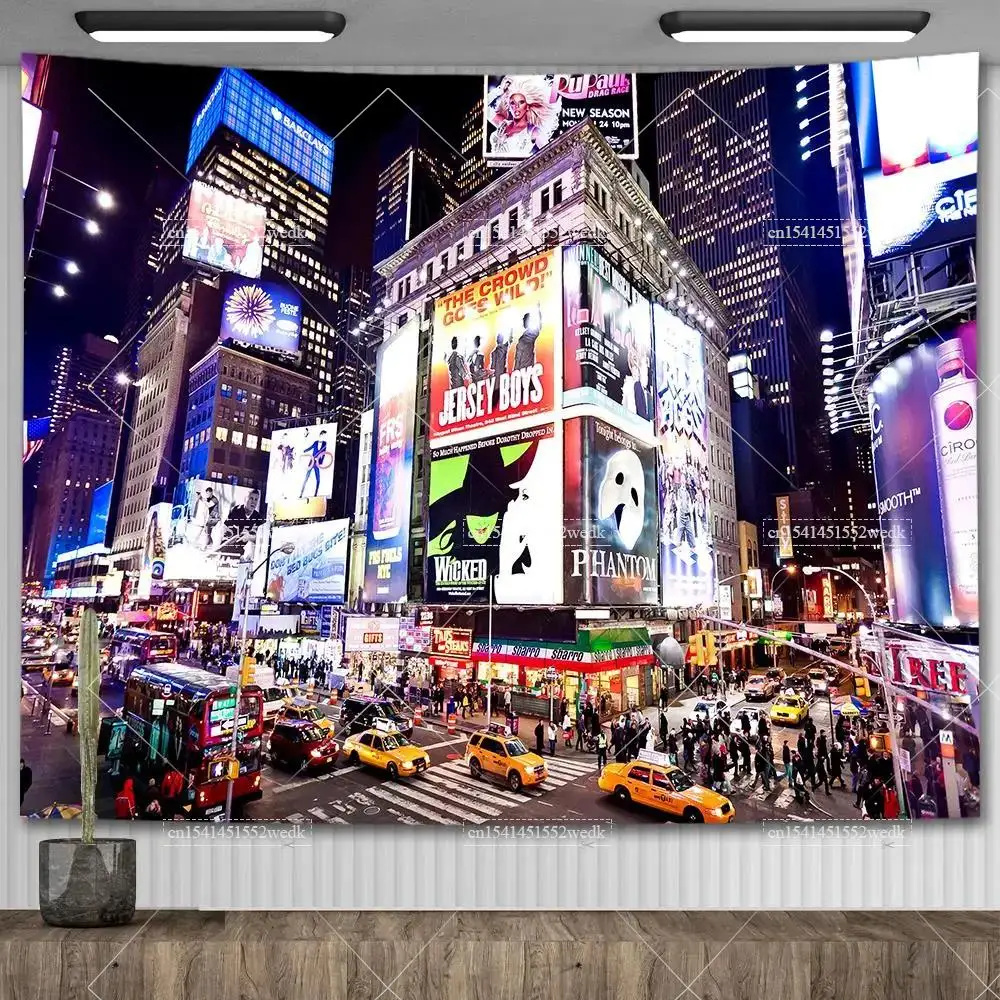 New York Broadway Night Tapestry Wall Hanging Musical Collage Poster Aesthetic Room Decoration Street Landscape Tapestries