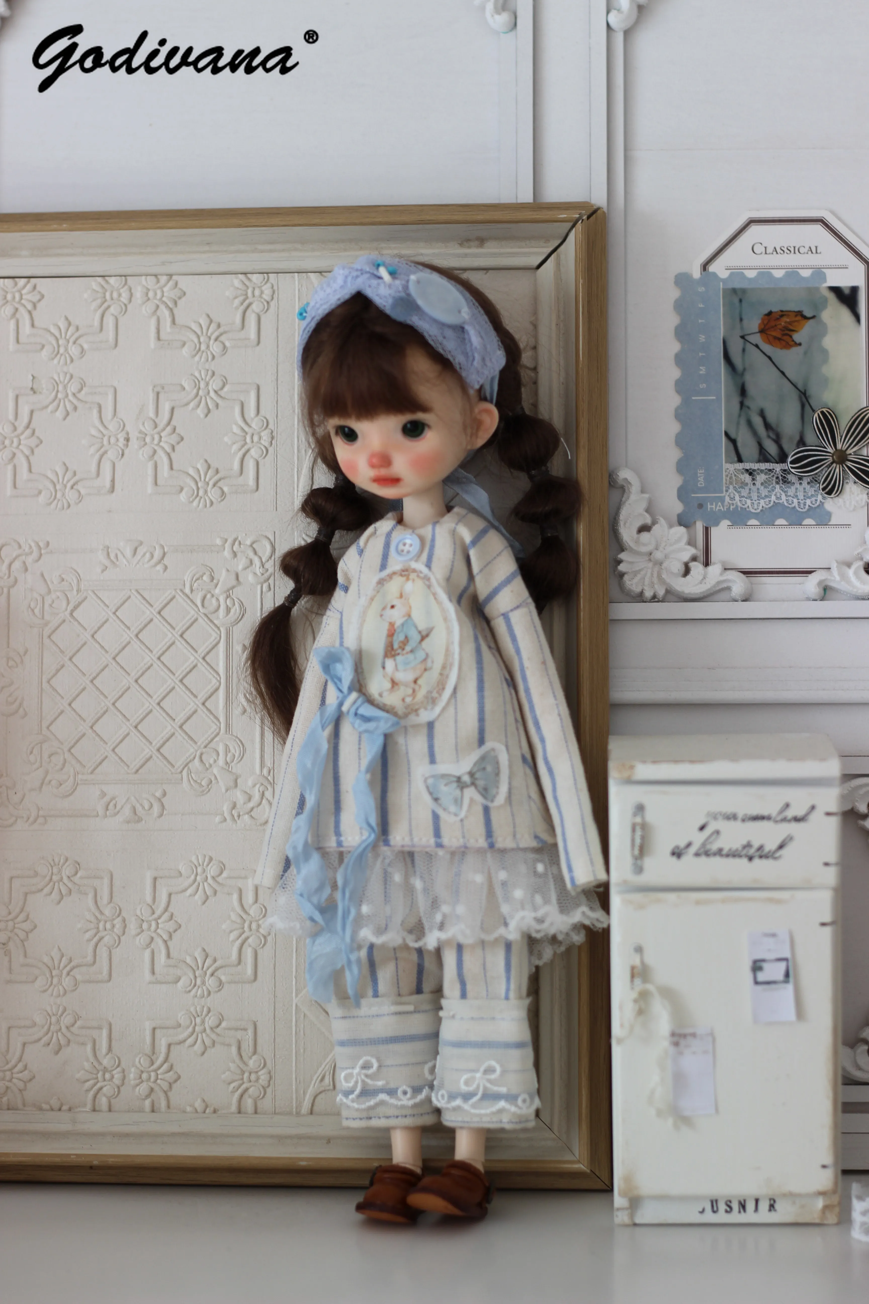 Blythe Ob22 Ob24 Azone BJD Doll Clothes Blue Striped Long Sleeves Lace Trim Splice Top and Wide Leg Pants Headband 3pieces Set