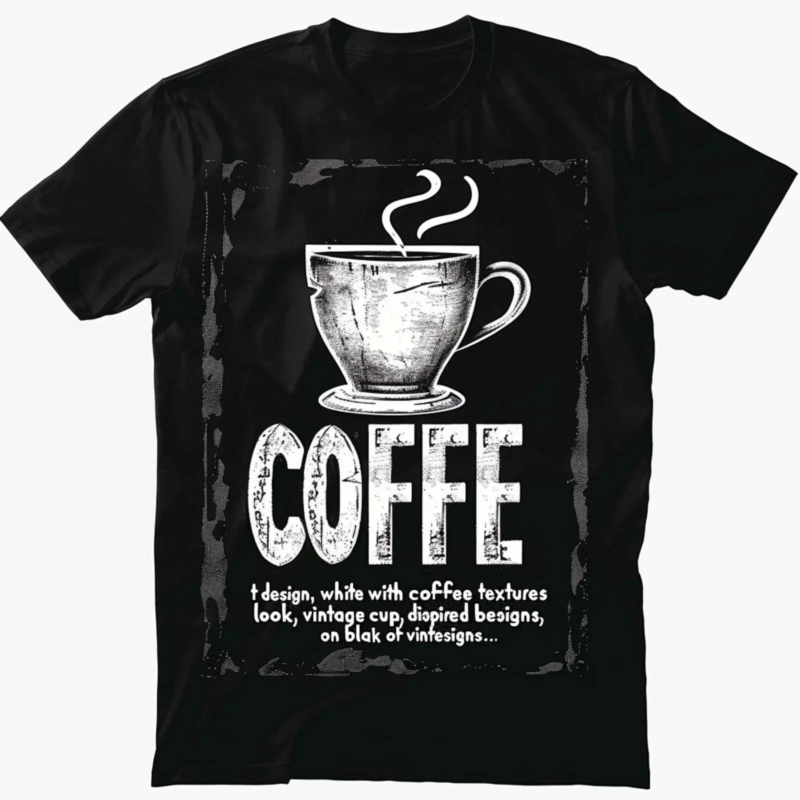 VintageInspired COFFEE Text & Cup Design Black TShirt Texture Retro Style