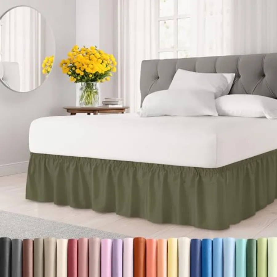 

Wrap Around Dust Ruffle Bed Skirt in Sage Green for King Size Beds with 12 Inch Drop Elastic Strap Adjustable Pleated Bedskirt