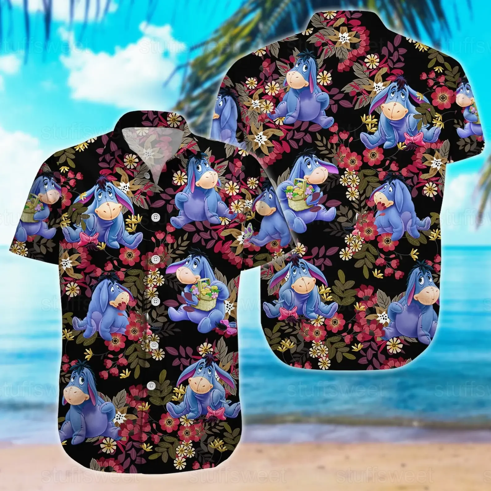 Camisas hawaianas de Disney Eeyore para hombres y mujeres, camisas de manga corta para niños, camisas hawaianas de Disney, camisas de playa de Winnie The Pooh