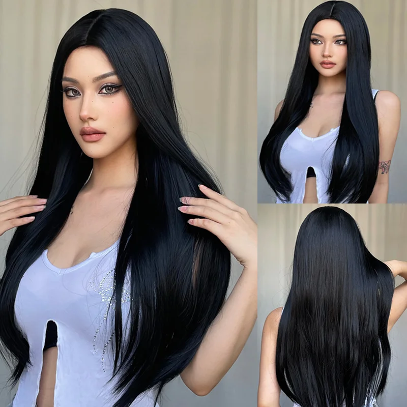 Long Straight Cosplay Wig with Middle Part Woman Anime Ombre Hallowmas Lolita Synthetic Wig Pink  Red Heat Resistant Hair