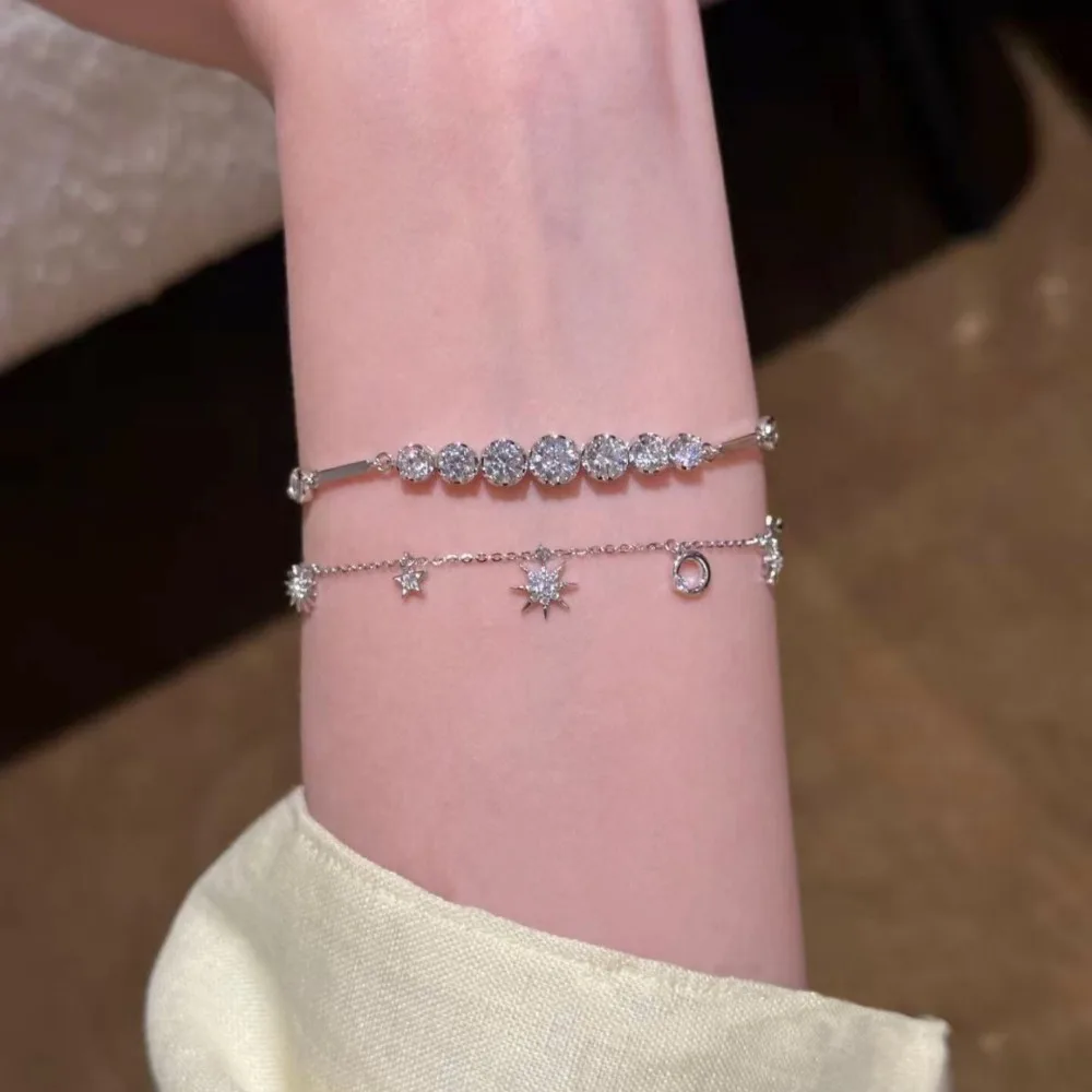 New Dainty 925 Sterling Silver Multi Star Moon Octagram Zircon Charm Thin Chain Adjustable Bracelets for Women Celestial Jewelry
