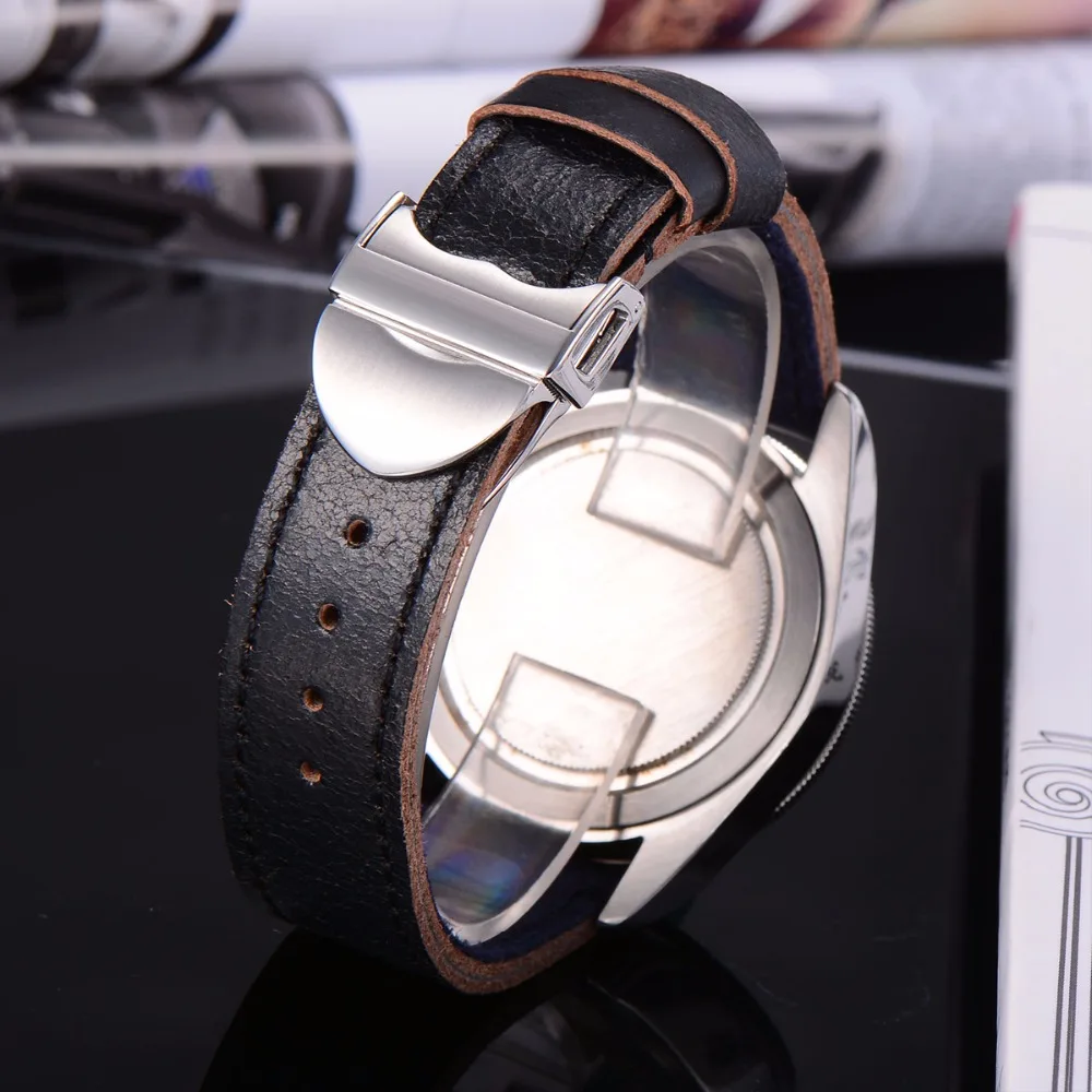 นาฬิกาสปอร์ตจอแสดงปฏิทินกระจกแซฟไฟร์นาฬิกากลไกอัตโนมัติ CORGEUT-41mm, นาฬิกาผู้ชายกันน้ำได้ยาว100เมตร