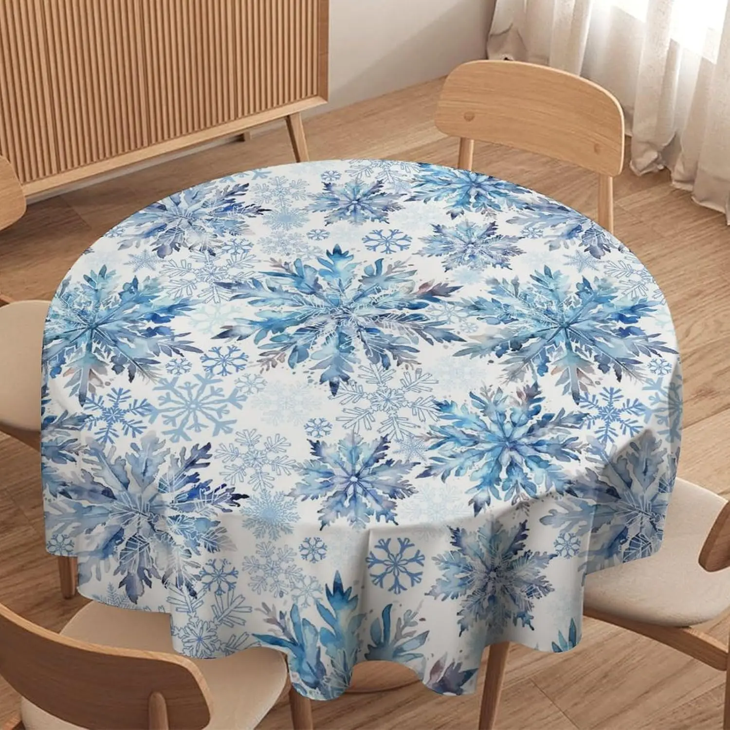 Christmas Snowflakes Tablecloth Round 60 Inch Winter Blue Snow Decorative Table Cloth Washable Wrinkle Stain-Resistant Polyester