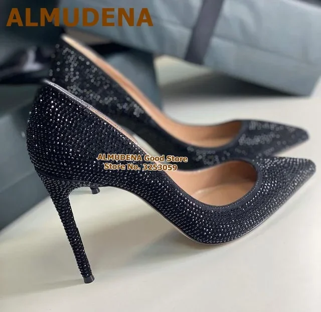 

ALMUDENA Black Crystal Pointed Toe High Heel Shoes Stiletto Heels Slip-on Rhinestone Wedding Pumps Glittering Banquet Heels