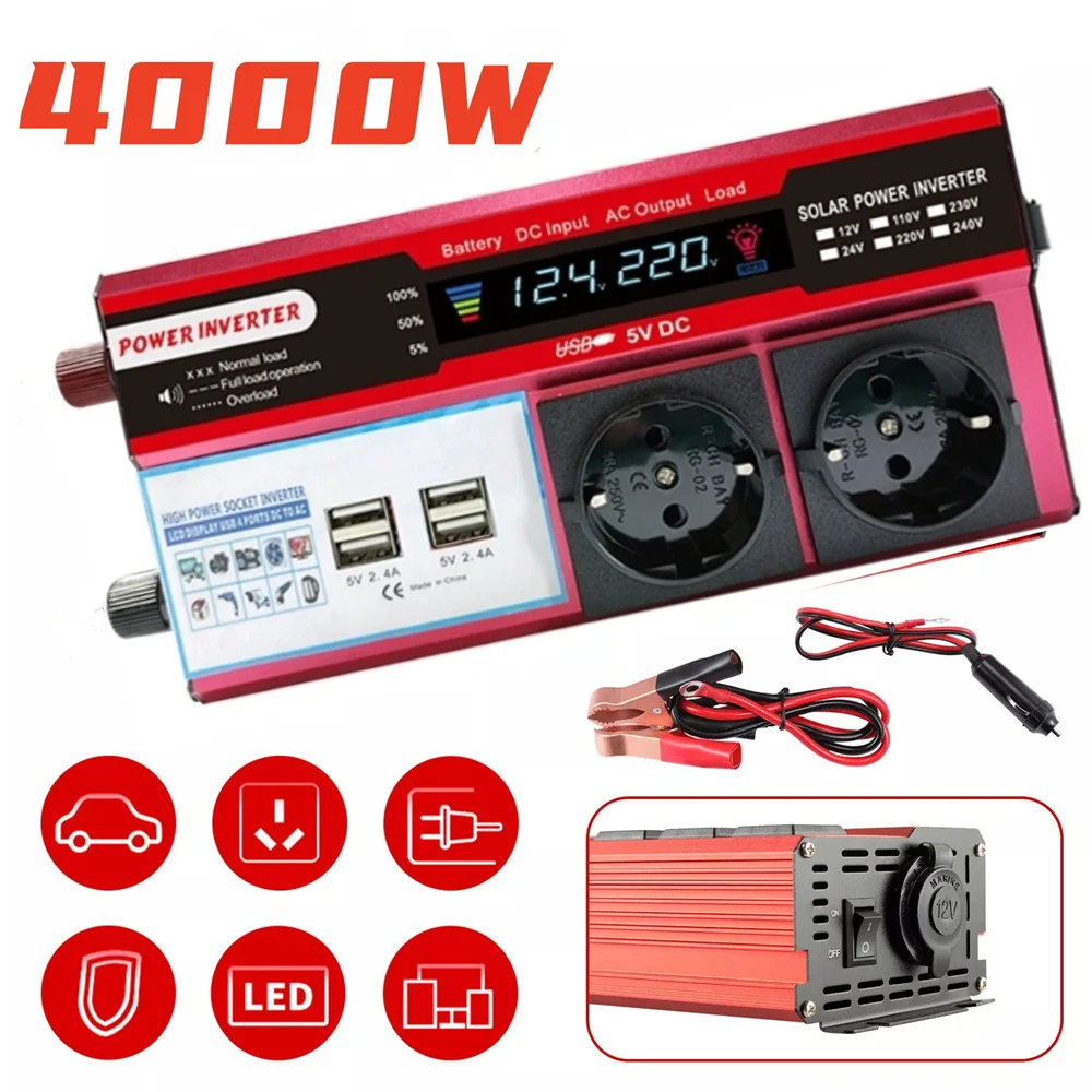 4000W 3000W Power Inverter DC 12V To AC 220V 230V Transformer with 4 USB EU Socket Charge with LED Display for RV Phone Car