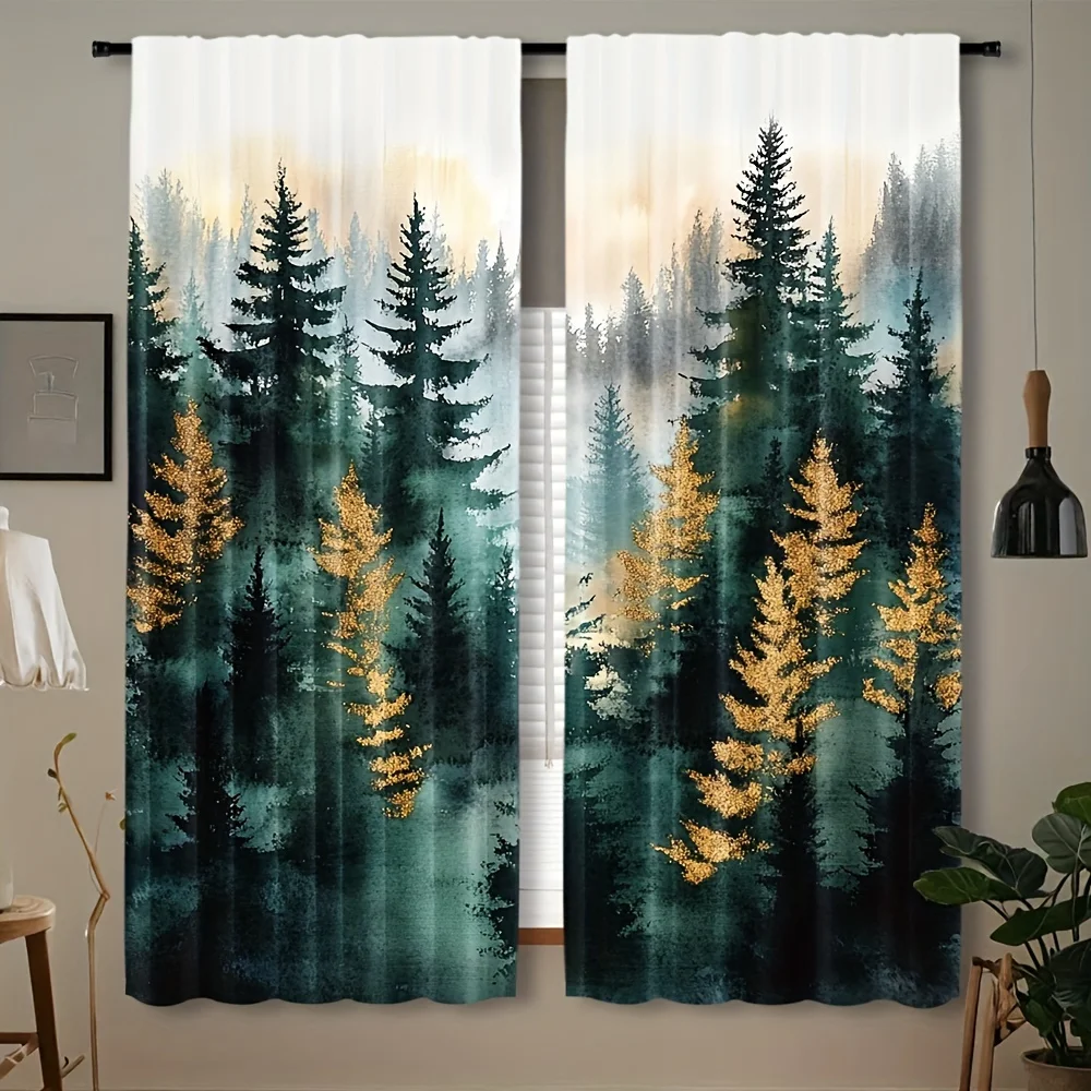 Elegant Forest Scene Curtain Panels with Gold Foliage for Living Room Home Decor Window Treatment