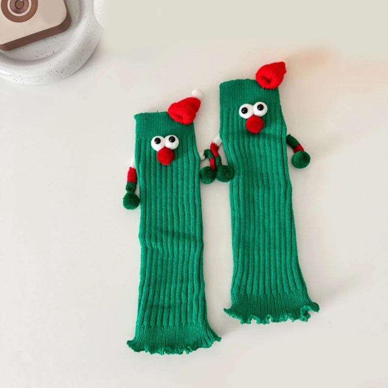 Christmas Holiday Leg Covers 3D Santa Hat Hand Holding Leg Warmers Socks with Big Curious Eyes for Women