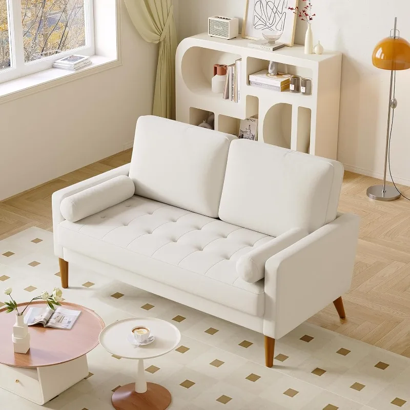 Canapé causeuse en velours beige avec siège capitonné, petit canapé, causeuse, canapé moderne du milieu du siècle pour la vie, 56 po