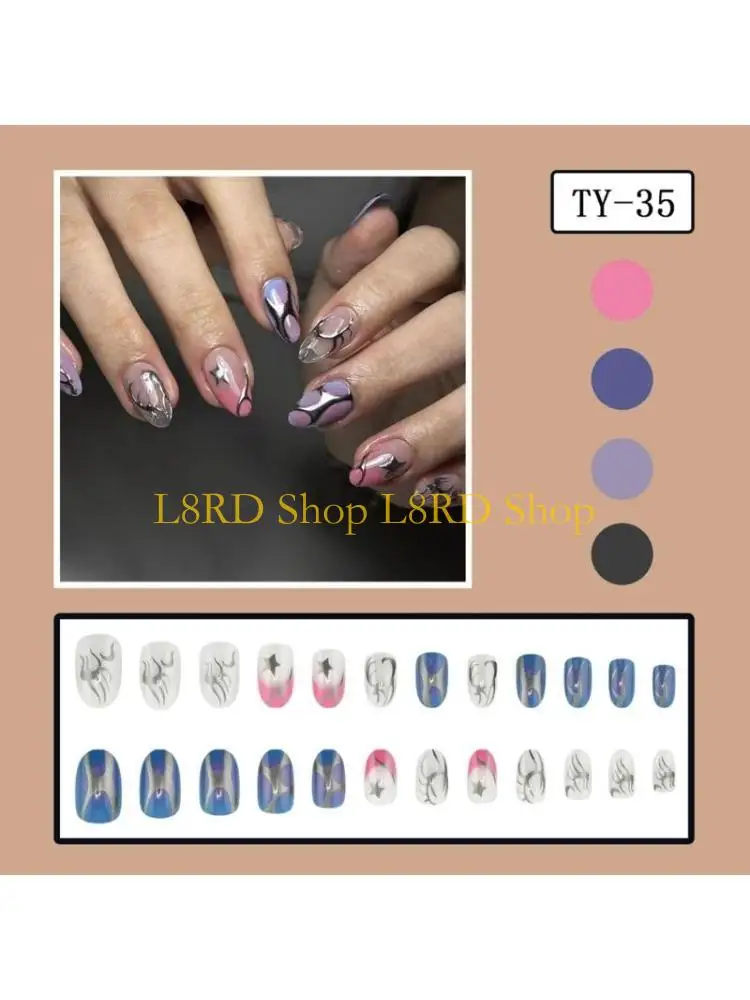 

L8RD 24x короткие овальные накладные ногти с французским кончиком, акриловые ногти с серебряными полосками, пресс на ногтях