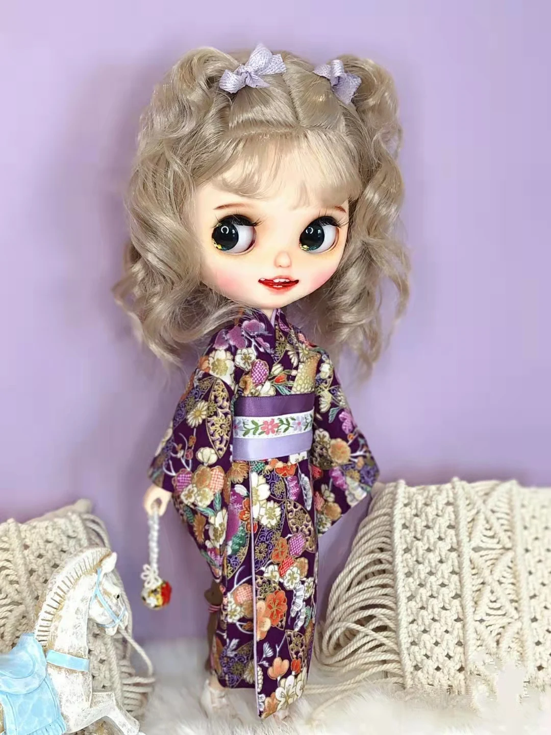 New in Blythe kimono  1/6  30cm Gilded purple flowers skirt bjd toys cloth Cotton cloth imported from South Korea