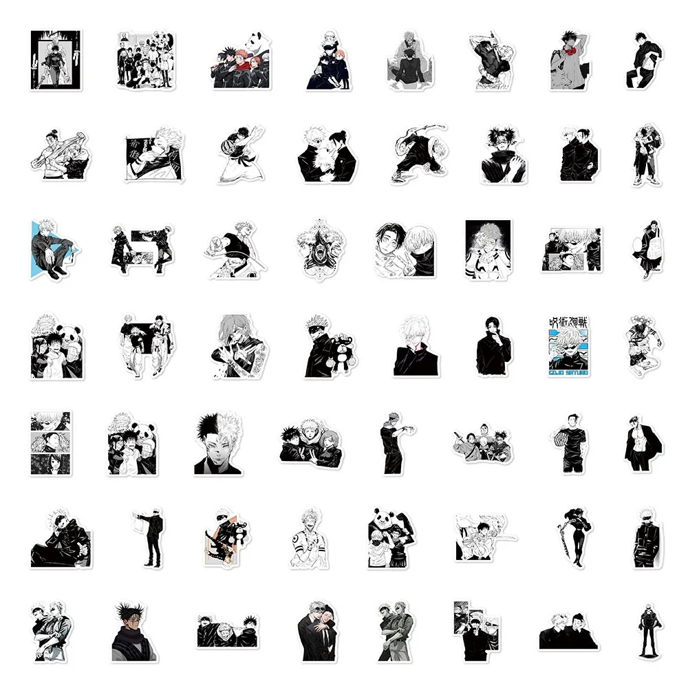 50 قطعة أبيض وأسود Jujutsu Kaisen ملصقات الكتابة على الجدران كمبيوتر السيارة زجاجة ماء ملصقات مقاومة للماء