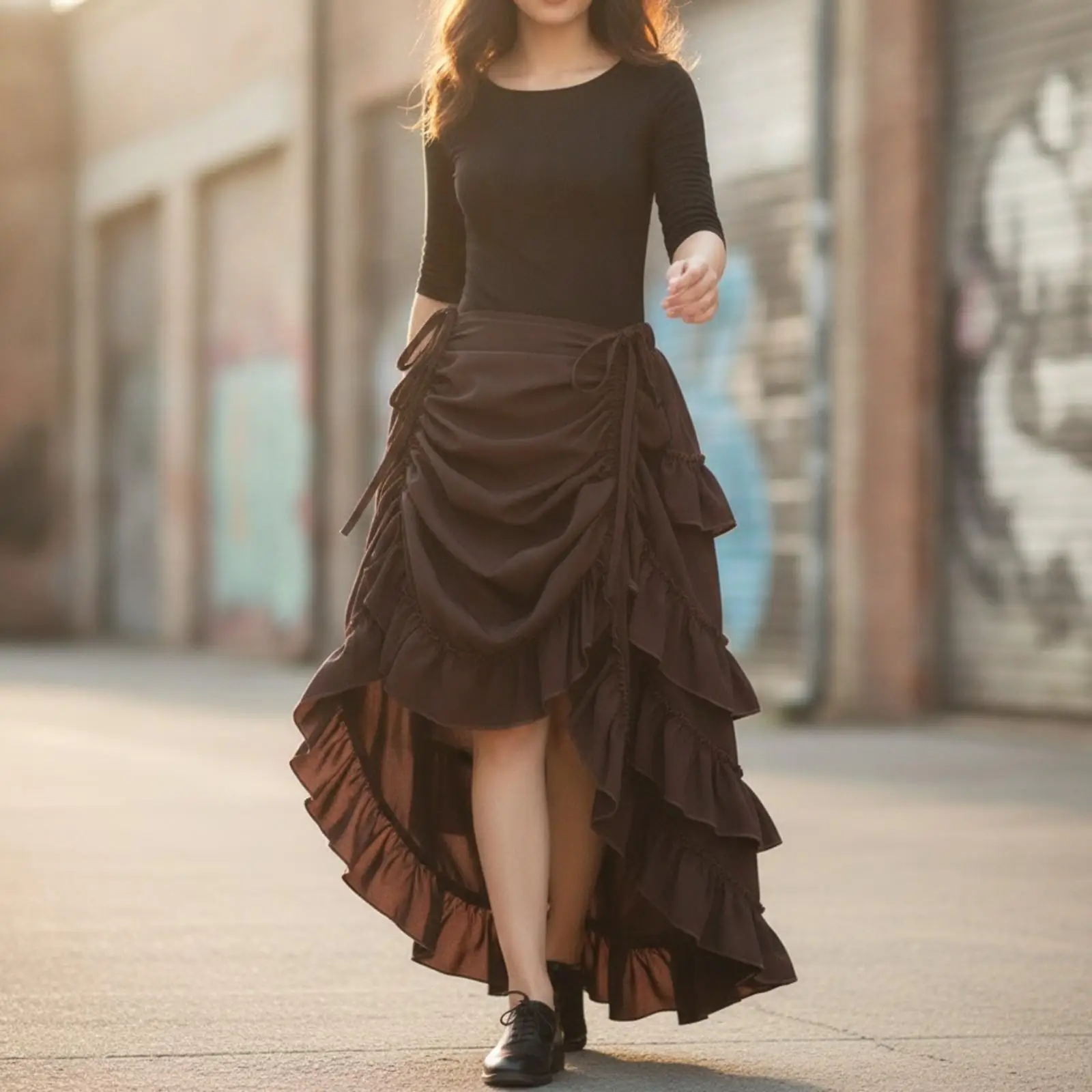 Drawstring Skirt for Women Asymmetrical Midi Length with Elasticized Waistband and Ruffle Tiers for Dance and Casual Wear