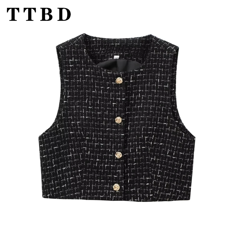 TTBD 2024 Autumn New Woman's Vintage Sleeveless Shorts Set Leisure suit Fashion Female Black O-Collar Waistcoat Two-piece Gilet