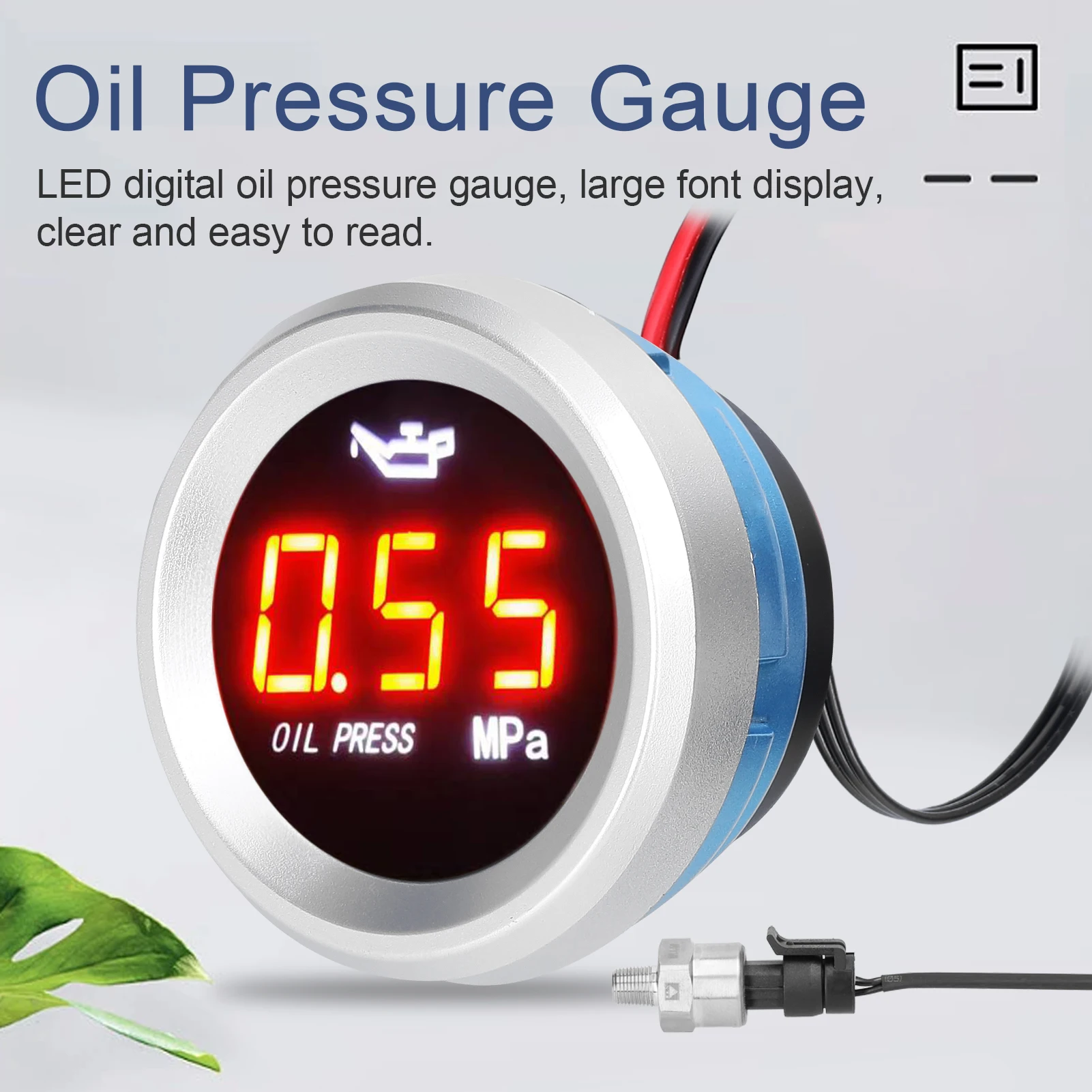 52mm Oil Pressure Gauge Car Digital Meter LED Display 9-35V with 1/8NPT Sensor Alarm Function Oil Press Gauge Oil Pressure Gauge