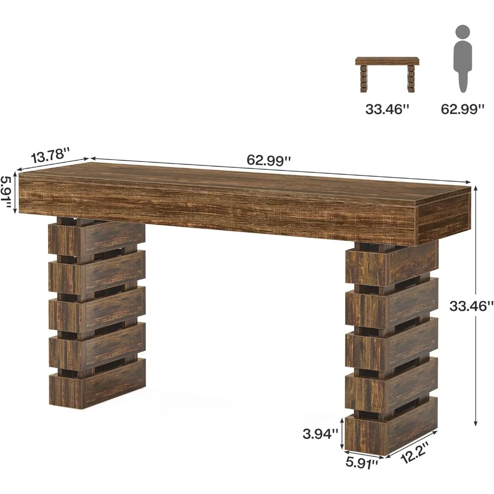 Farmhouse Control Desk, 63 Inch Wooden Sofa Table Behind The Sofa, with Sturdy Hollow Frame, Entrance Decorative Table