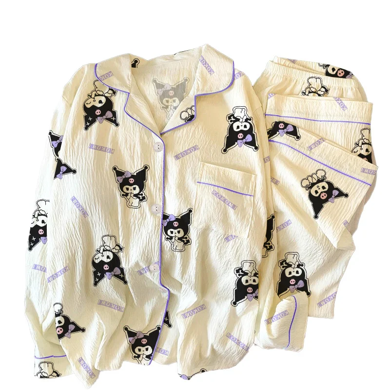 Sanrio Herbst Kuromi süße süße langärmelige Pyjamas weibliche Cartoon Milch Seide faltiges Tuch Revers Strickjacke Loungewear Set