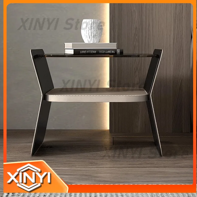 Creative Hollow Hanging Bedside Table for Italian Minimalist Bedroom with Saddle Leather Glass and Stainless Steel