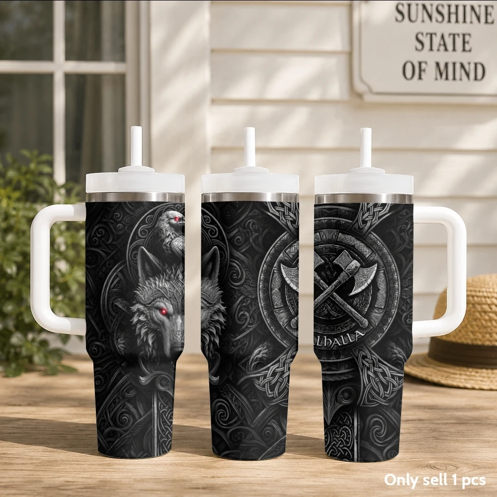 Viking Wolf Nordic Vacuum Flasks 40oz Portable Stainless Steel Tumbler with Handle Straw Double Wall Insulated Leakproof Mug
