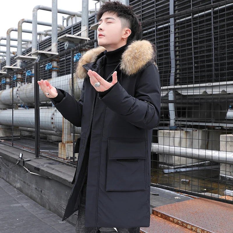 Black Men Mid Length Parka Jacket Large Fur Collar Hooded Thick Insulated Winter Coat Multi Cargo Pockets Wind Resistant Outdoor