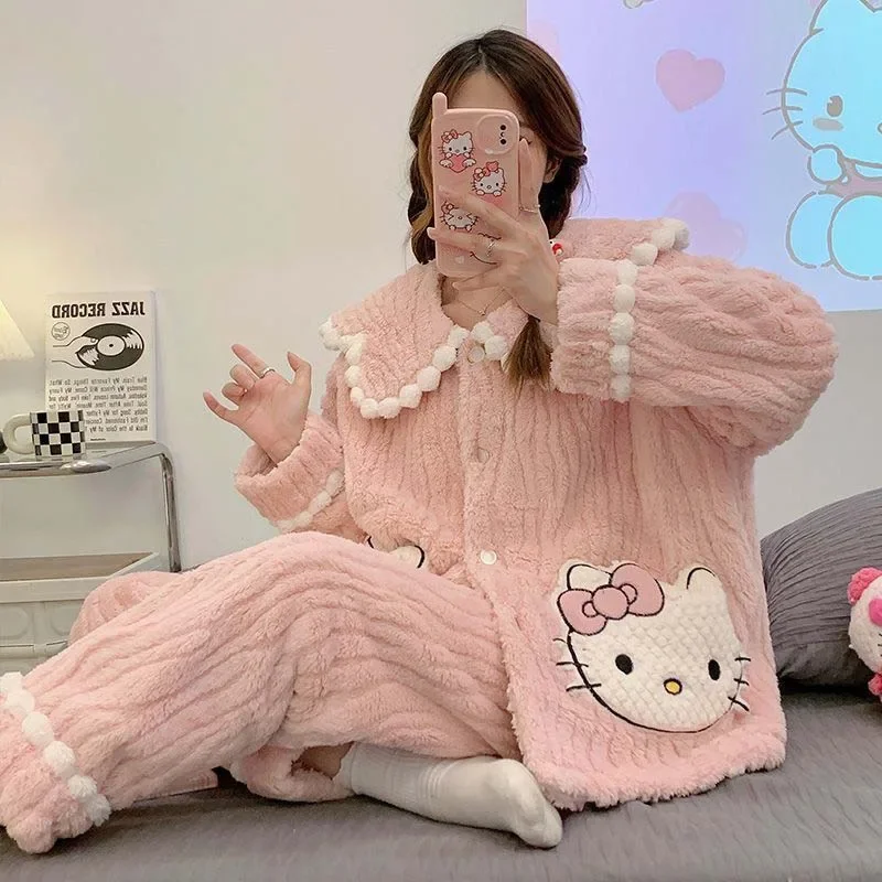 Mininstants Sanurgente-Ensemble de pyjama Hello Kitty pour fille, chemise de nuit douce et confortable, optique, vêtements de maison Kawaii, cadeau pour fille, hiver