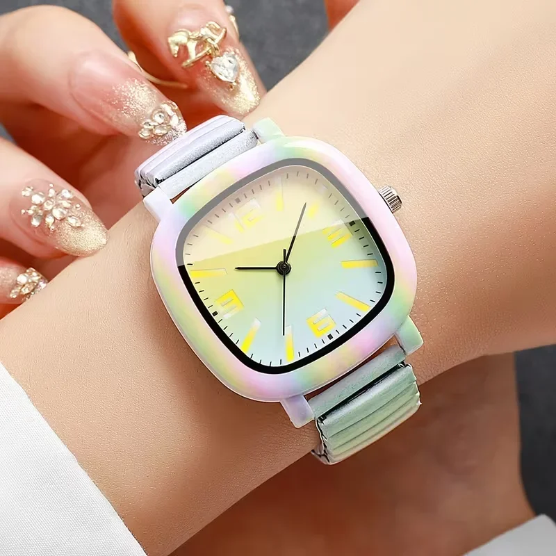 Women's floral printed square quartz watch Elastic adjustable strap retro floral wristwatch Gift for girlfriend