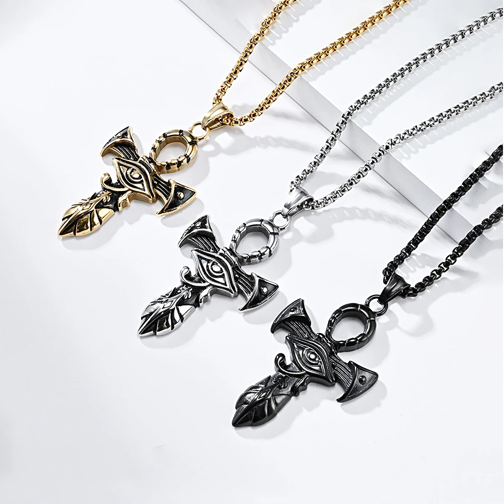 Fashion Retro Ankh Cross Pendant Stainless Steel Men Boys Eye of Horus Necklace Punk Locomotive Amulet Jewelry Gift Wholesale