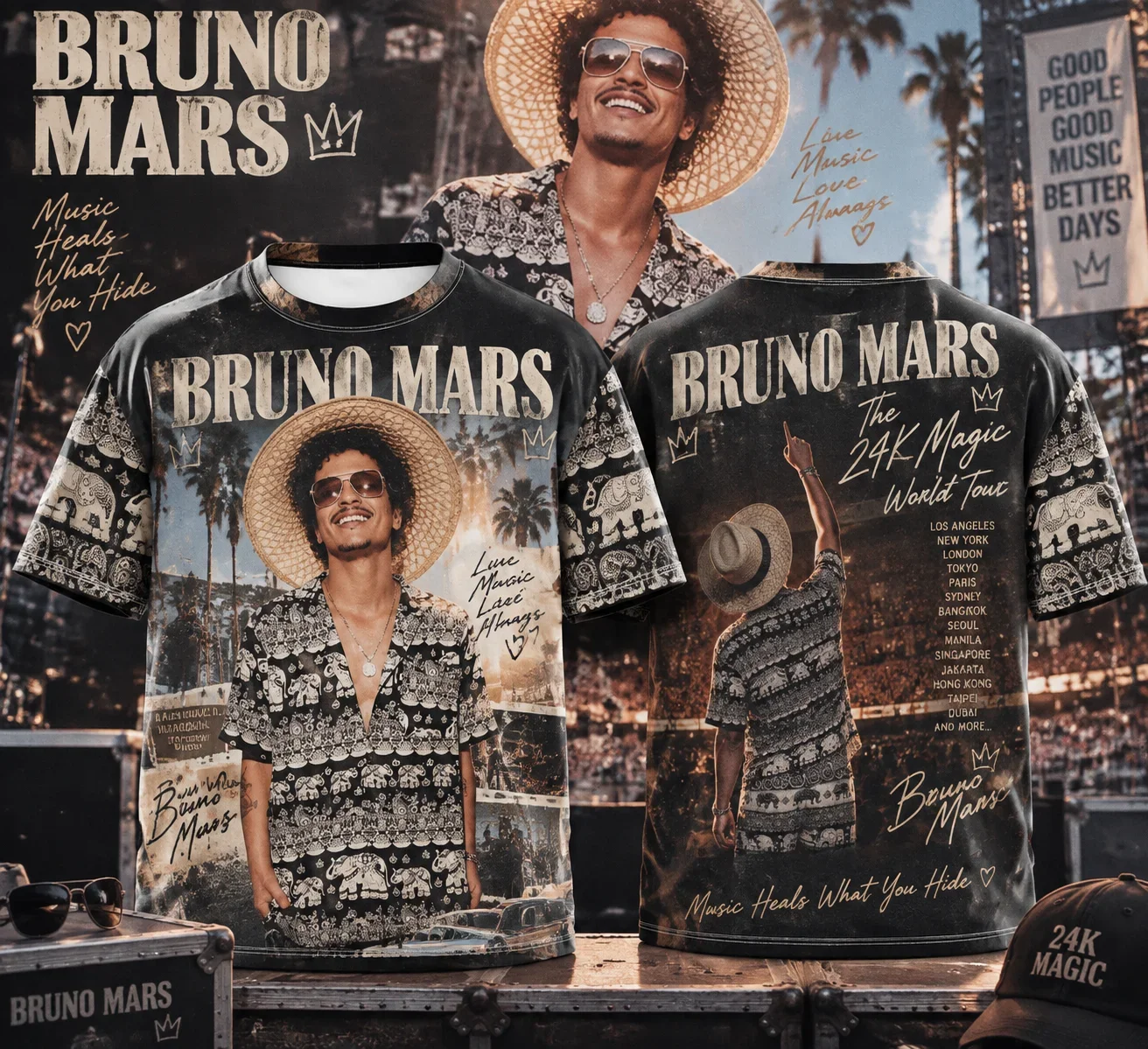 2026 Bruno Mars The Romantic Tour Y2K Double Sided Print T-shirt Men Women Oversized Streetwear Tee