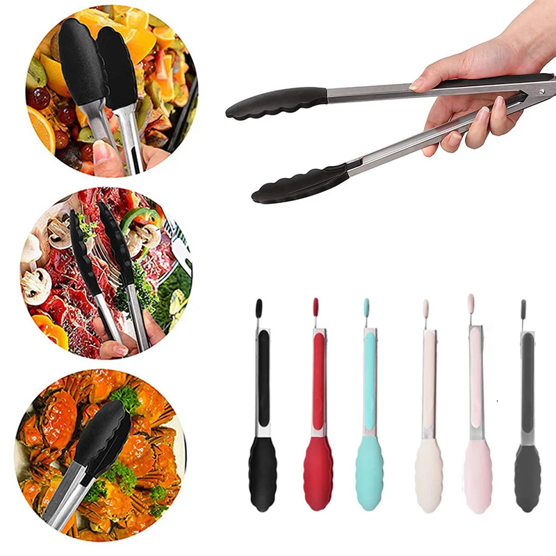Pinzas de silicona para alimentos, abrazadera multifuncional de acero inoxidable para asar, Clip antiadherente para barbacoa, pinzas para servir pan y ensalada de cocina