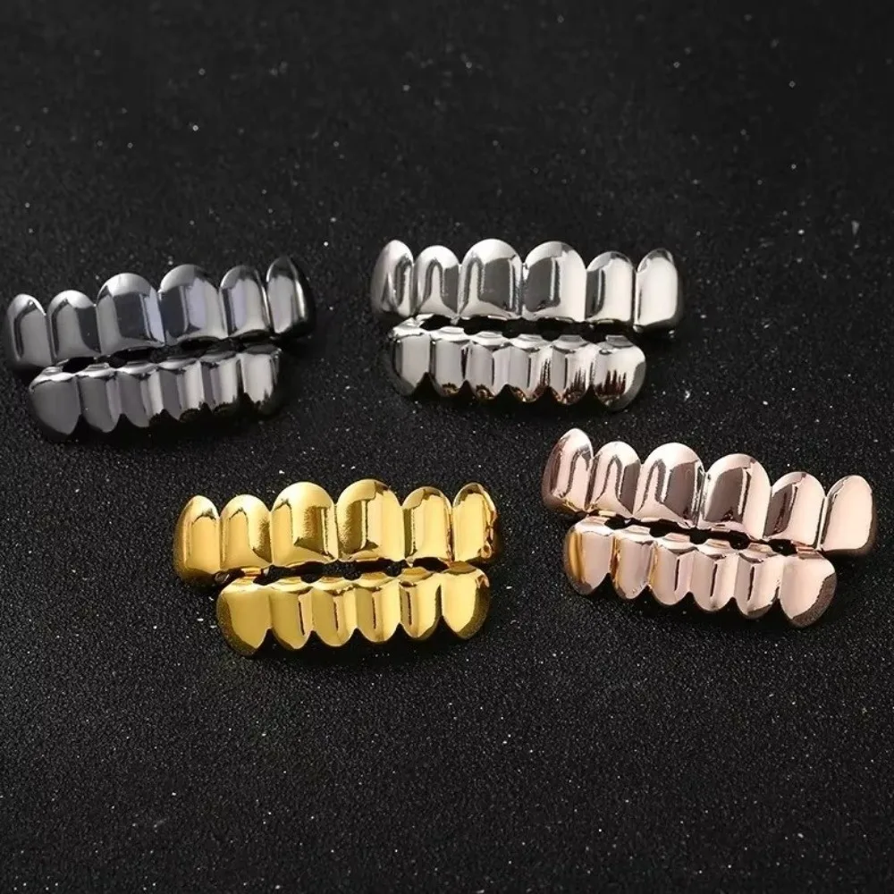 Glossy Finish Teeth Grillz Top Bottom Set Anti Slip Eco-friendly Copper Teeth Grillz Caps Gold Silver Teeth Jewelry Halloween