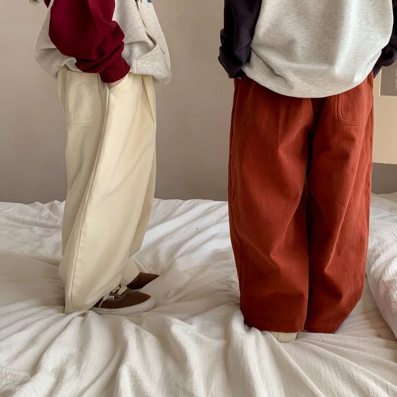 سراويل قطنية مستقيمة فضفاضة للأطفال ، سراويل غير رسمية ، أحادية اللون ، زر واحد ، أولاد وبنات ، كوري ، ربيع ، خريف ، جديد