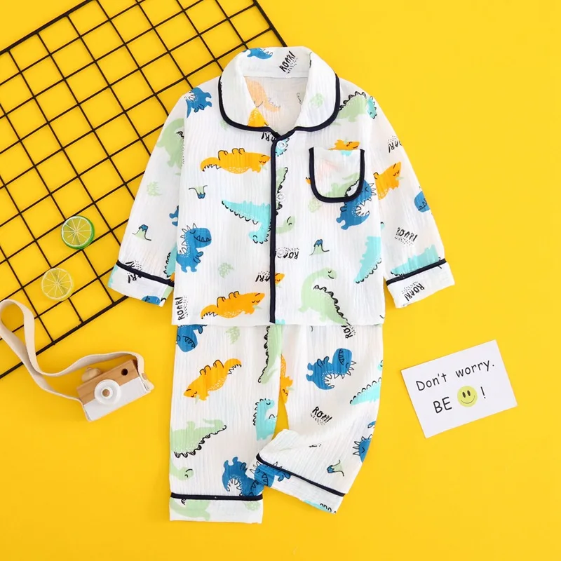 Boys Girls Pajamas Children Suits Clothes Baby Muslin Cotton Homewear Family Outfits Shirt Tops+Pants 2PC 2-12T