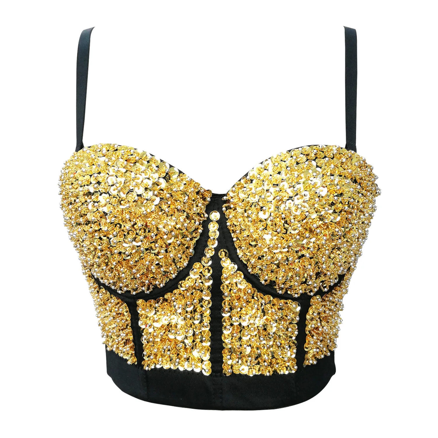

Gold Silver Gypsy Beaded Bra Stage Performance Suit Sexy Tube Top Fishbone Suspender Female Women Tops