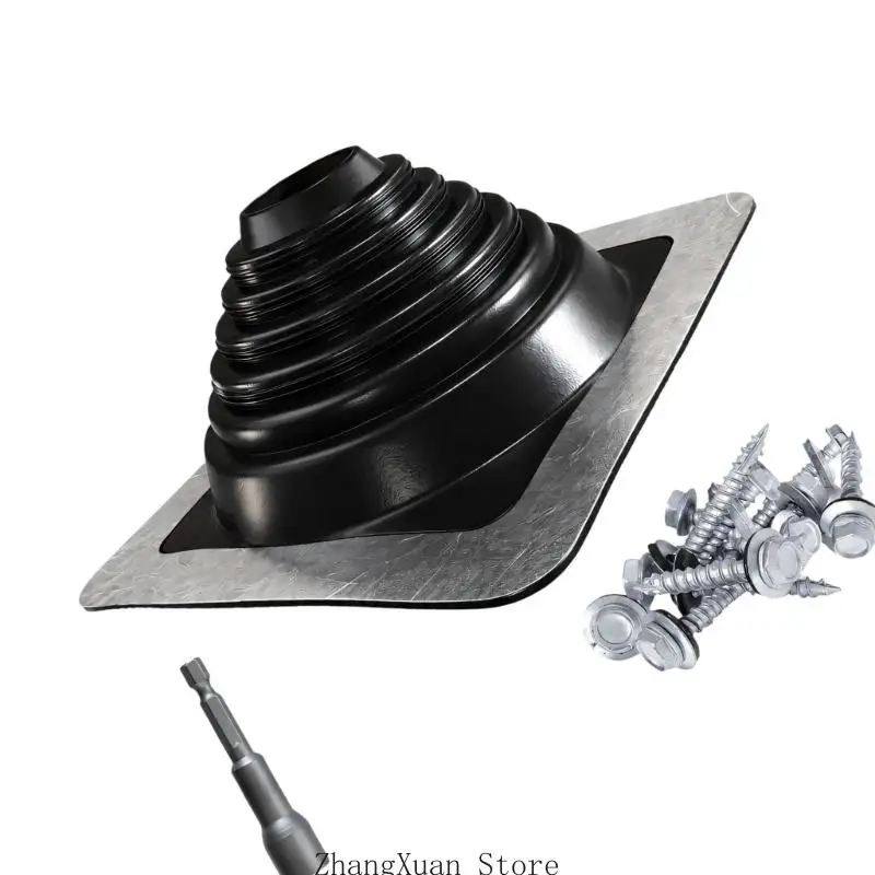 Abgasleitungs-Dacheinfassungsbaugruppe mit quadratischer Metallbasis und flexibler Stufenmanschette für Installationsarbeiten – Detail 7