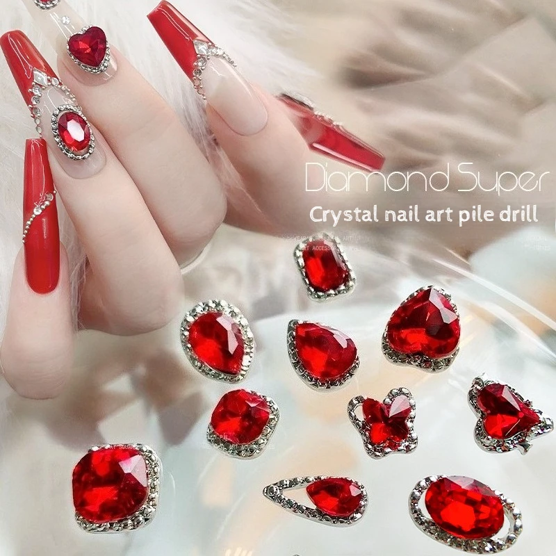 

5pcs Sexy Punk Red Pink White Crystal Fat Square Heart Water Drop Rhinestone Silver Alloy Nail Art Decoration Manicure Accessory