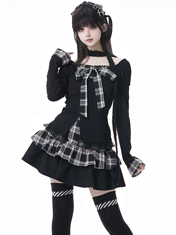 Preppy Style Lolita Suit Women Kawaii Japanese Vintage Tops with Mini Dress Y2K Casual Daily Female image 2