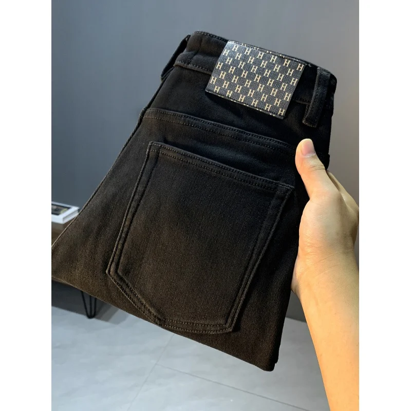 Winter Black Jeans Men's Fleece-Lined Thickened Warm Stretch Simple Slim Fit Comfortable All-Match High-End Casual Pants