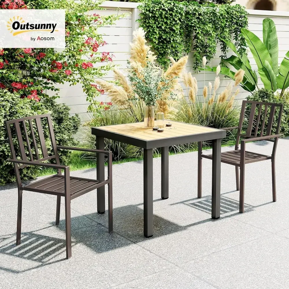 Stackable Patio Dining Chairs, Outdoor Bistro Set with Metal Slatted Seats & Backrests, Brown