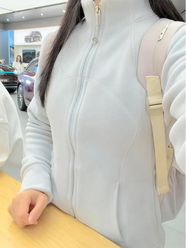 Women's Slim Fit Fleece Lined Short Thickened Spring Autumn Zipper Design Casual Sweatshirt Cardigan Breathable Polyester Fiber