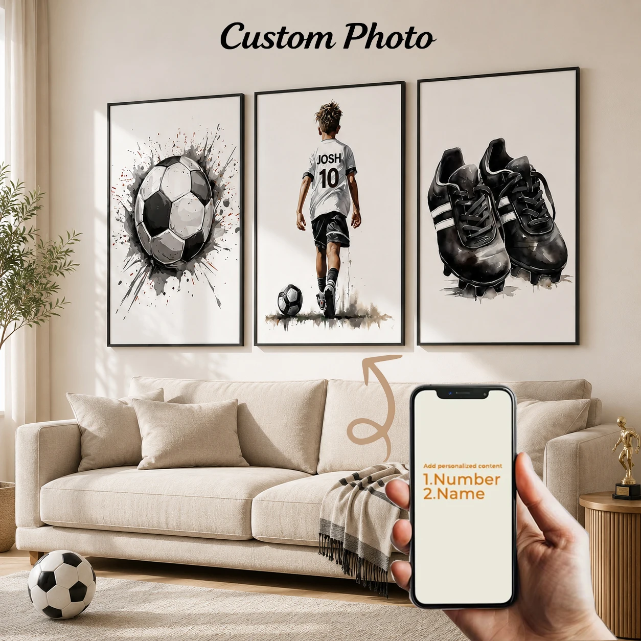 3PCS Customized Name Number Soccer Poster Prints, Suitable for Soccer Fans Birthday Gifts, Inspirational Poster, Room Decoration