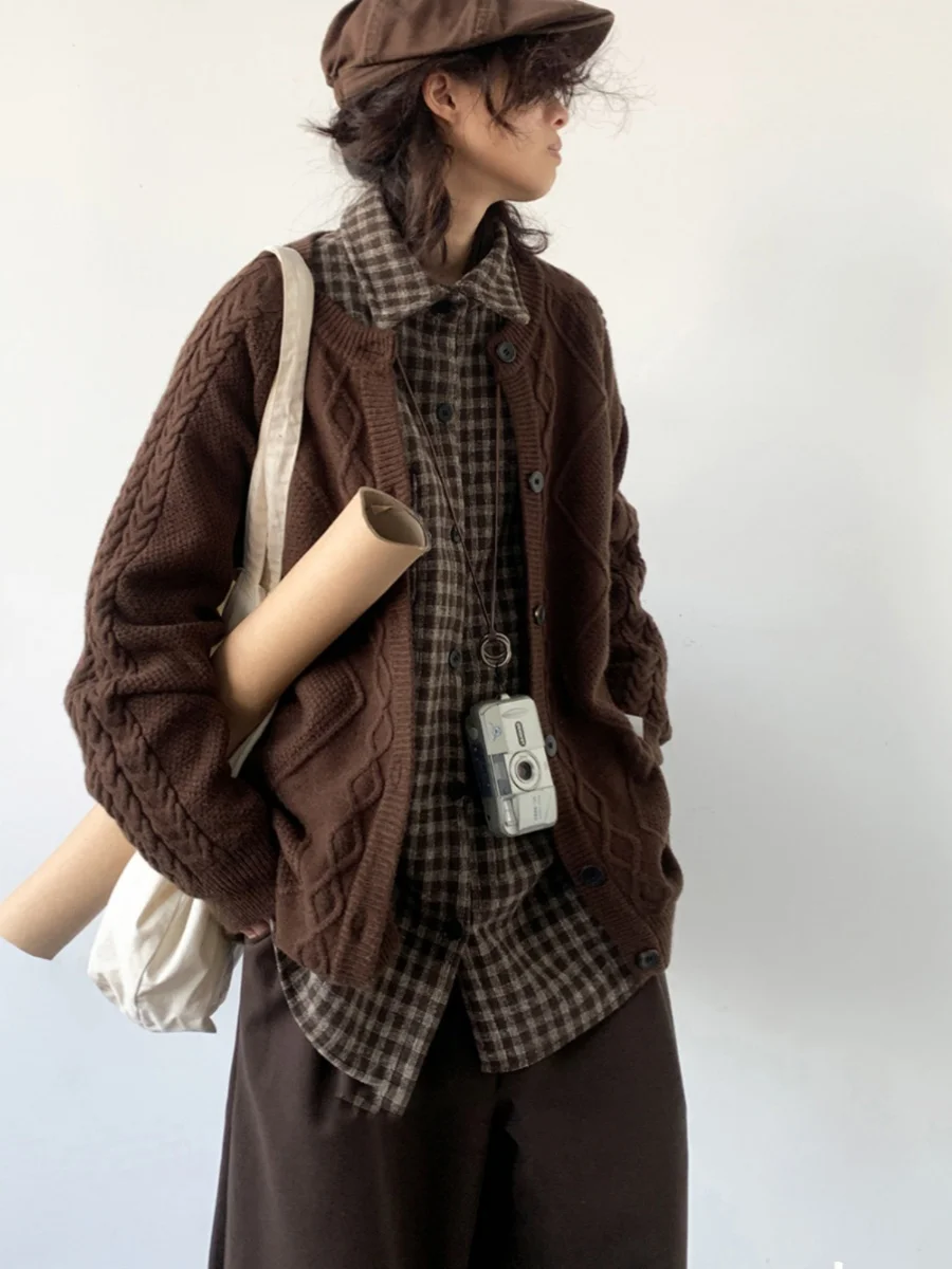 

Ретро-кардиган в японском стиле, вязаный, свободного кроя, с длинными рукавами, для осени и зимы, в городском стиле