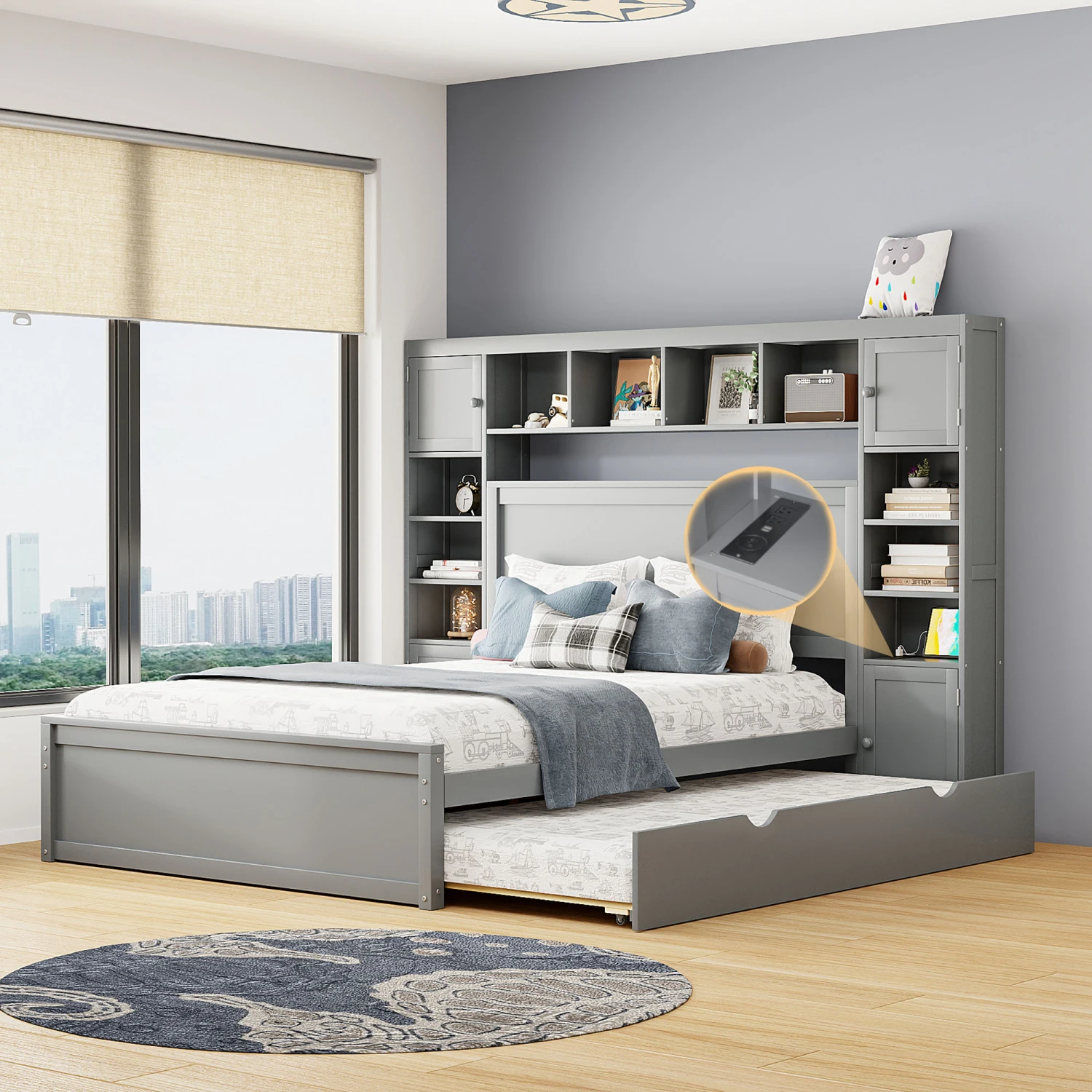 Gray Queen Size Wooden Bed with Cabinet, Shelf, Sockets - All-in-One Solution