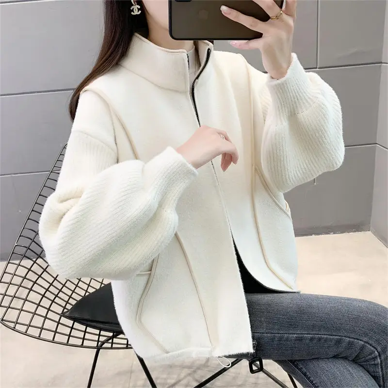 

2023 Versatile Patchwork Warm Short Loose Coat Women's Casual Spring And Autumn Cardigan Knitted Top Zipper Sweater Jacket Z343