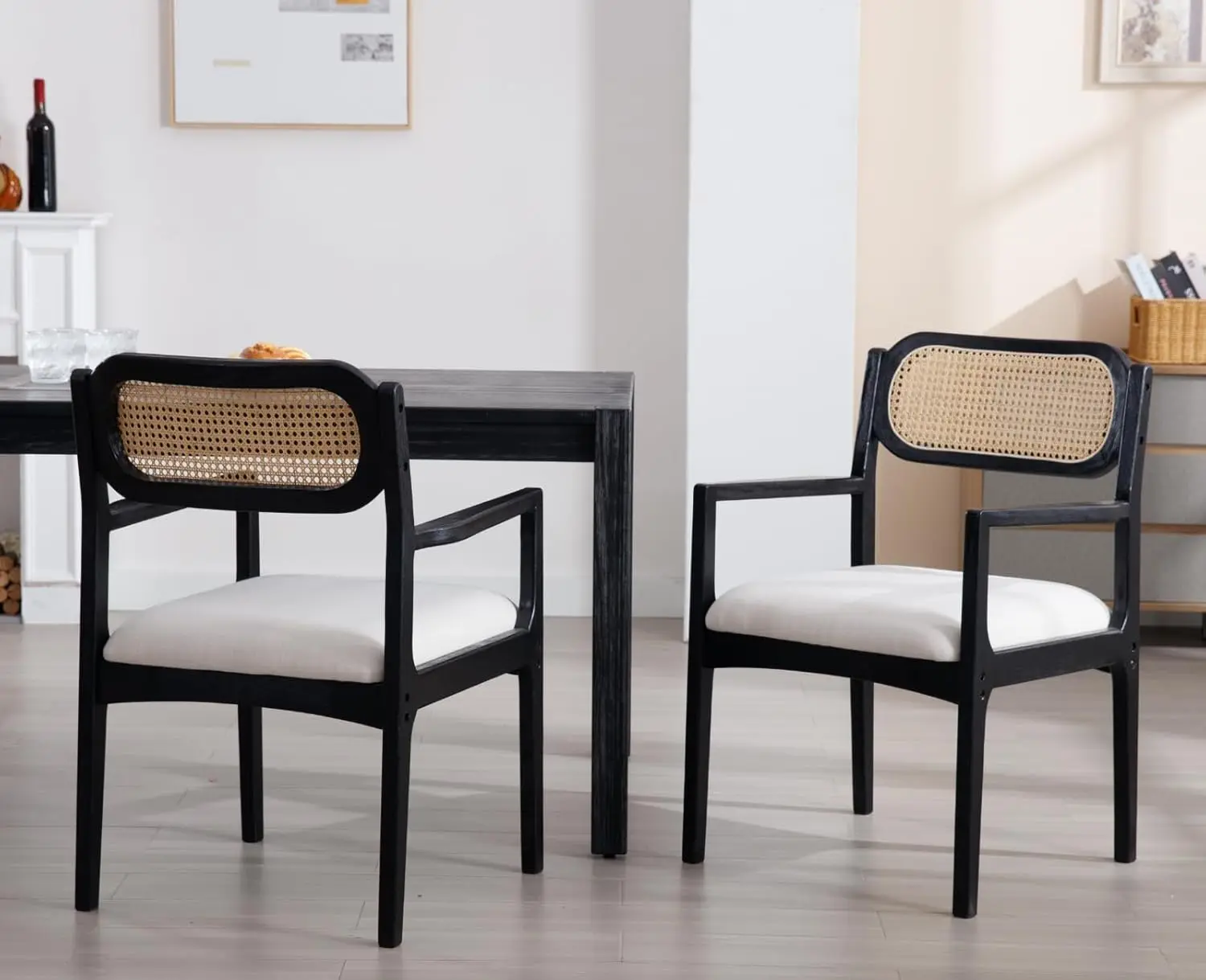 Rattan Dining Chairs with Arms Set of 2 Mid Century Dining Room Chairs with Black Wood Frame Linen Upholstered Kitchen Ch