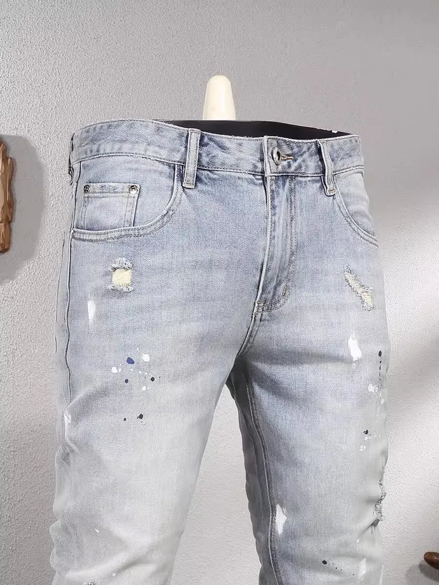 Street Fashion Men Jeans Retro Light Blue Elastic Stretch Skinny Ripped Jeans Men Painted Designer Vintage Denim Pants Hombre