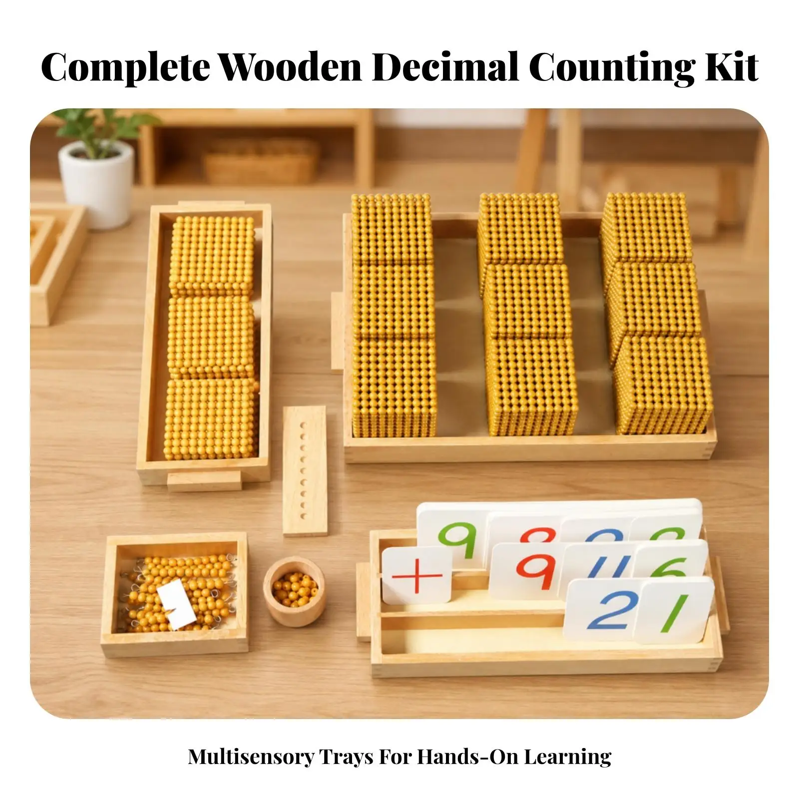 Wooden Children Arithmetic Cube Math Learning Toy for Kids Educational Decimal System Game with Counting Beads and Number Cards