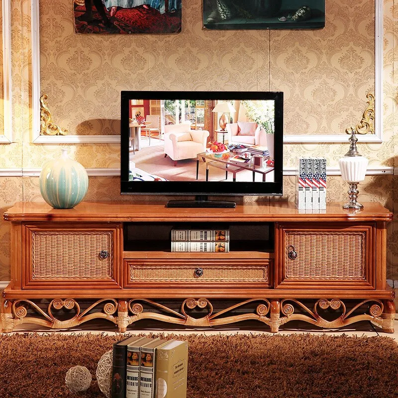 New Chinese rattan TV cabinet rattan art furniture solid wood 2 meters audio-visual cabinet